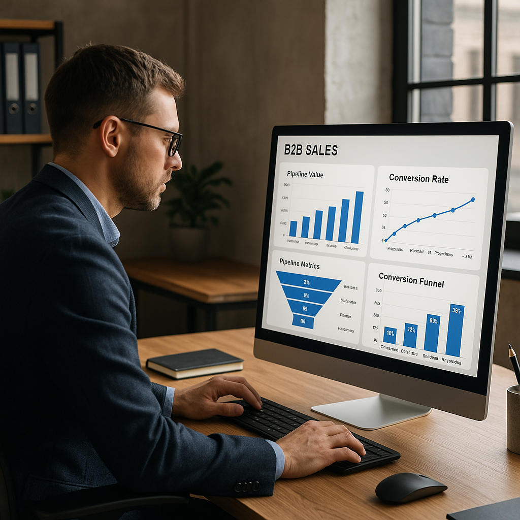 Gestor de vendas B2B analisando dashboards operaci