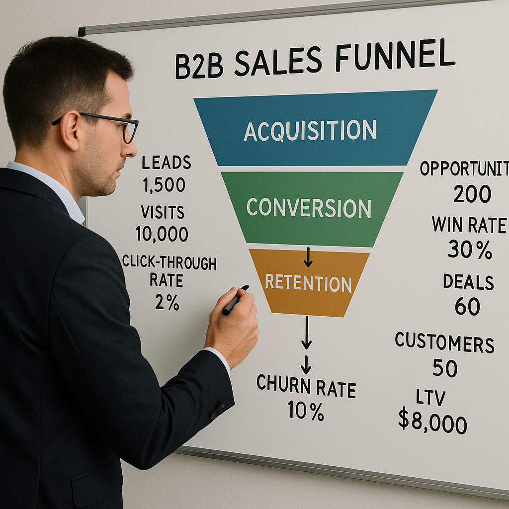 Profissional analisando funil de vendas B2B em qua