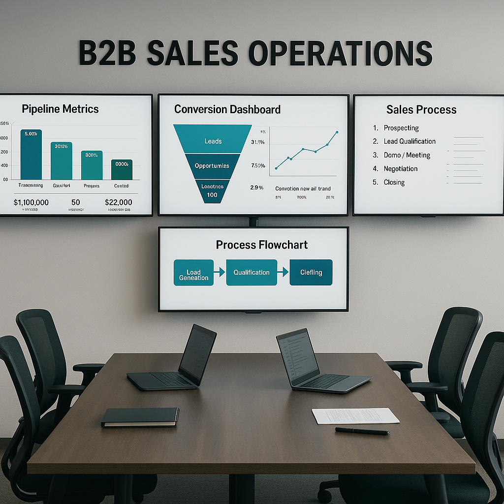 Uma sala de operações de vendas B2B com monitores